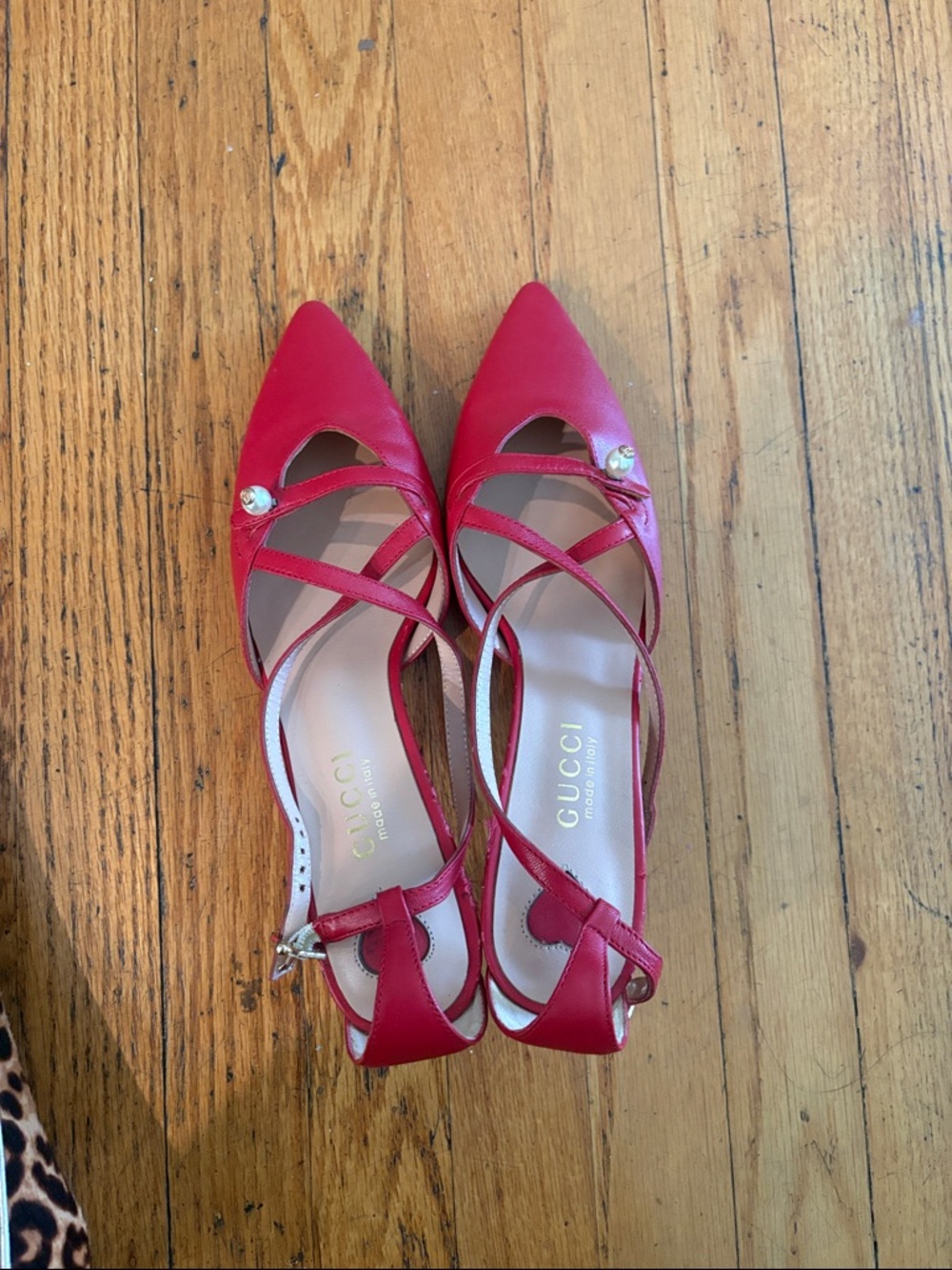 Gucci Red Pointed-Toe Strappy Heels with Pearl Accents